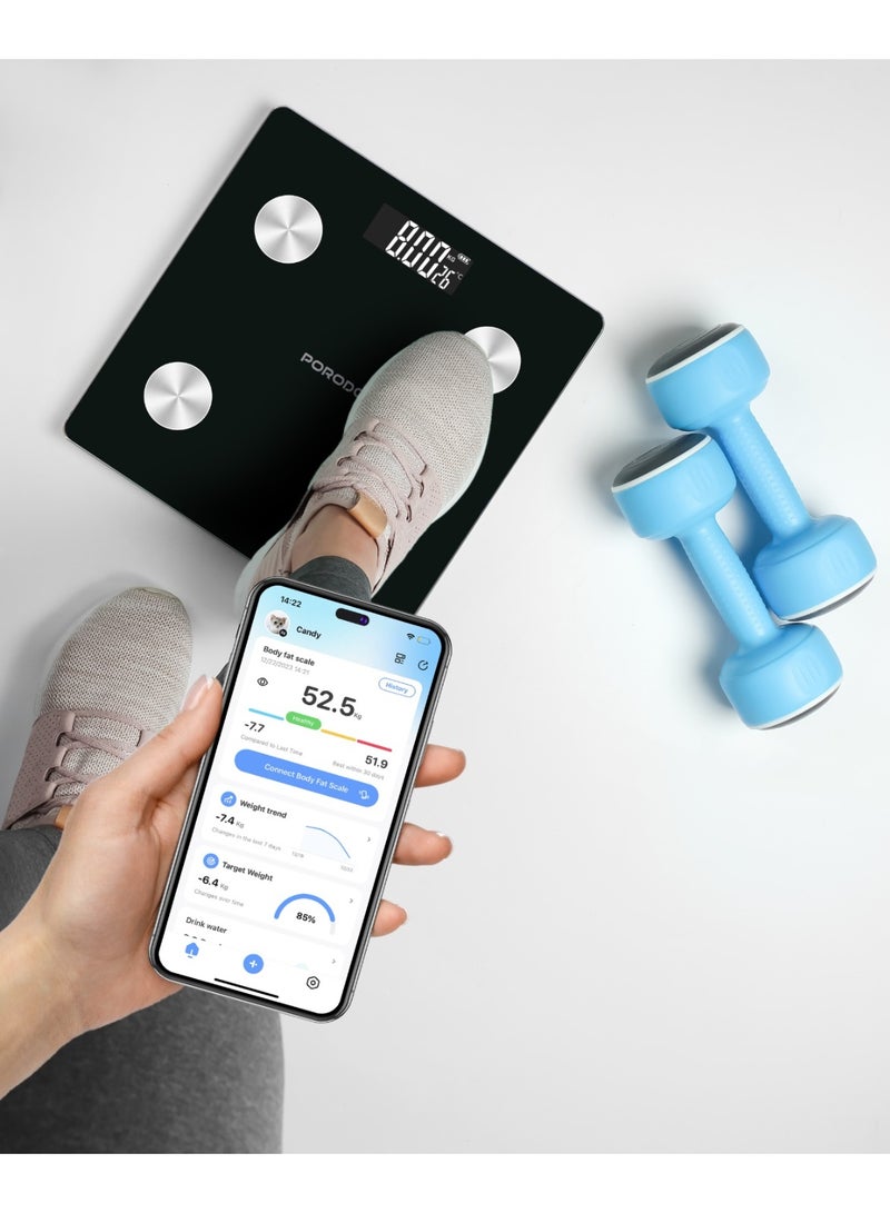 porodo Scale Gravis Smart Body Fast & BMI Scale with Bluetooth Sync & Auto On/Off / Digital Display / High precision Sensors / 180Kg Weight Capacity / 15 Body Metrics - White - Image 2